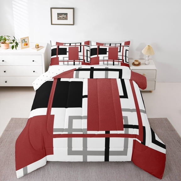 Manfei Modern Fashion Artwork Queen Comforter Set, Abstract Ombre Bedding Sets, Square Geometric Reversible Bedding Comforter Set, Microfiber Bedroom Decor, 3 Pieces