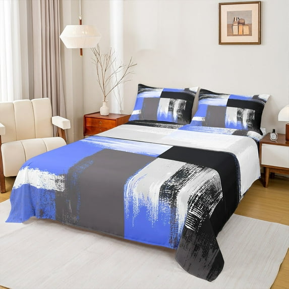 Manfei Modern Fashion Artwork Queen Sheet Sets, Blue Abstract Ombre Flat Sheet, Square Geometric Queen Fitted Sheet, Luxury Bedroom Decor, 4 Pieces