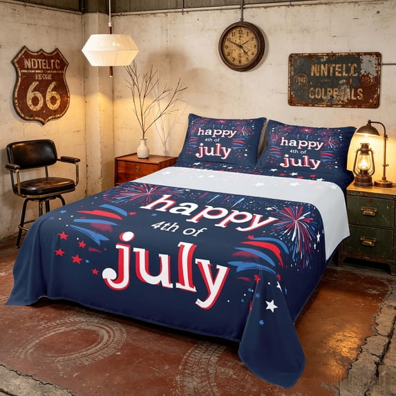 Manfei Modern Firework Bed Sheets, Happy 4th of July Print Full Size Sheets, Red White Blue, Navy Reversible 4-Piece (1 Flat Sheet, 1 Fitted Sheet and 2 Pillowcases)