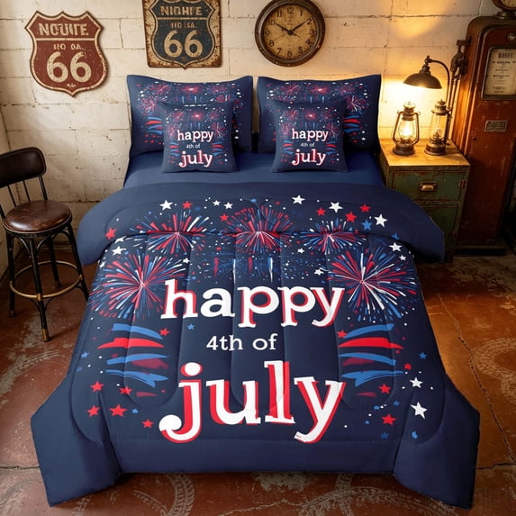 Manfei Modern Firework King Bedding, Happy 4th of July Print King Bed in a Bag, Red White Blue, Navy Reversible 7 Pieces
