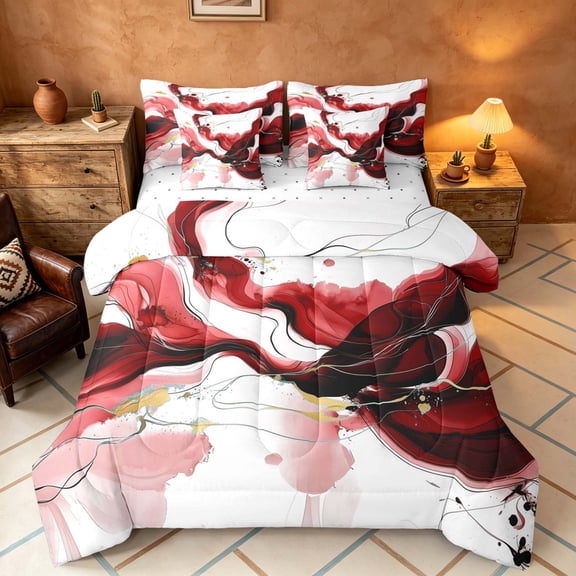Manfei Modern Fluid Abstract Full Size Bedding Sets, Marble Ink Full Size Bed in a Bag, Red White Gold, Reversible 7 Pieces