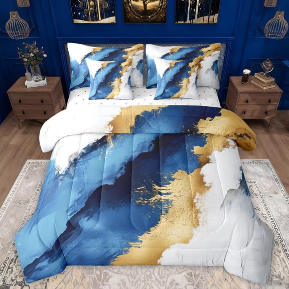 Manfei Modern Fulid Art 7-Piece Bedding Comforter Set,Maeble Pattern King Bedding Sets,Glod White Blue Bed Sheets For Kids,Ultra Soft Home Decor Reversible