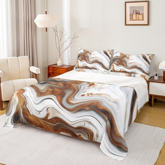 Manfei Modern Fulid Art Bed Sheets,Marble Texture Road King Sheets,Brown White Sheet Set For Men Women,Ultra Soft Home Decor,4 Pieces