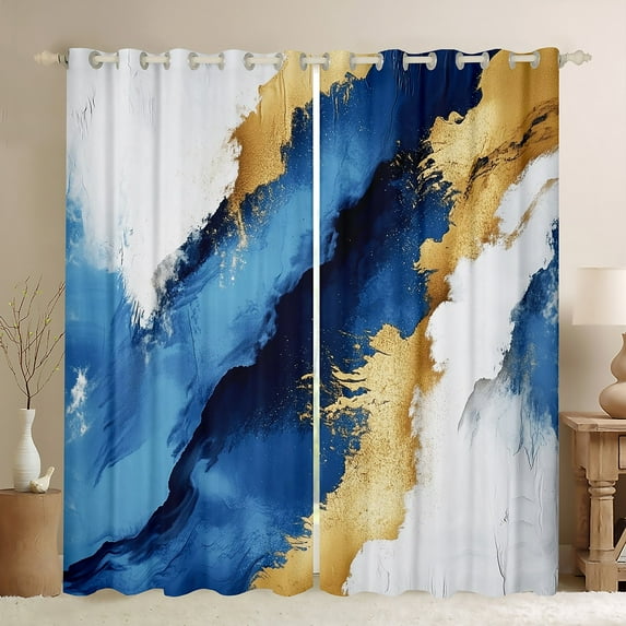 Manfei Modern Fulid Art Blackout Curtains Set of 2 (52x84 Each),Maeble Pattern Window Curtains,Glod White Blue Curtains and Drapes For Kids,Ultra Soft Home Decor