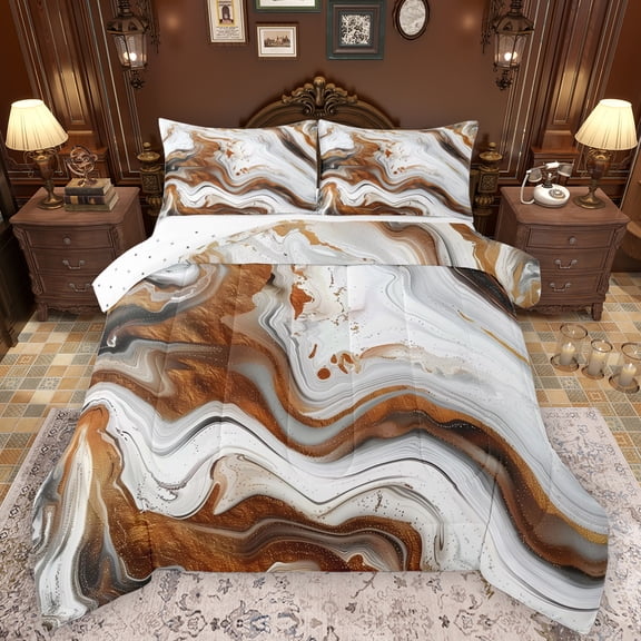 Manfei Modern Fulid Art Full Size Comforter Sets,Marble Texture Road Bedding Comforter Set,Brown White Bedding Sets For Men Women,Ultra Soft Home Decor Reversible,3pcs
