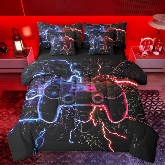 Manfei Modern Game Console Bedding Comforter Set 7pcs for Boys, Blue Red Lightning Queen Bedding Sets, Video Gaming Lover Reversible Queen Sheet Sets, Microfiber Bedroom Decor