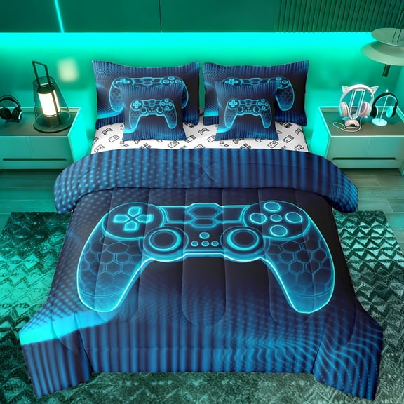 Manfei Modern Gamepad 7-Piece Bedding Comforter Set,Teens Video Game King Bedding Sets,Blue Honeycomb Bed Sheets For Boys Kids,Ultra Soft Home Decor Reversible
