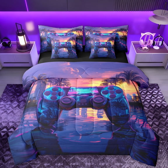 Manfei Modern Gamepad 7-Piece Twin Bedding Sets,Hawaii Sea Beach Pattern Bedding Comforter Set,Blue Purple Sheet Sets For Boys Kids,Ultra Soft Home Decor Reversible