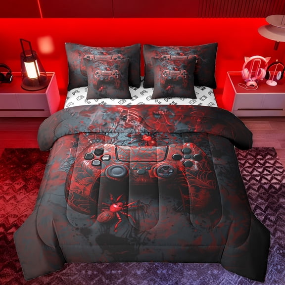 Manfei Modern Gamepad 7pcs Bedding Comforter Set,Console Game Lovers Queen Bedding Sets,Spooky Halloween Spider Queen Sheet Sets For Boy,Breathable Home Decor Reversible