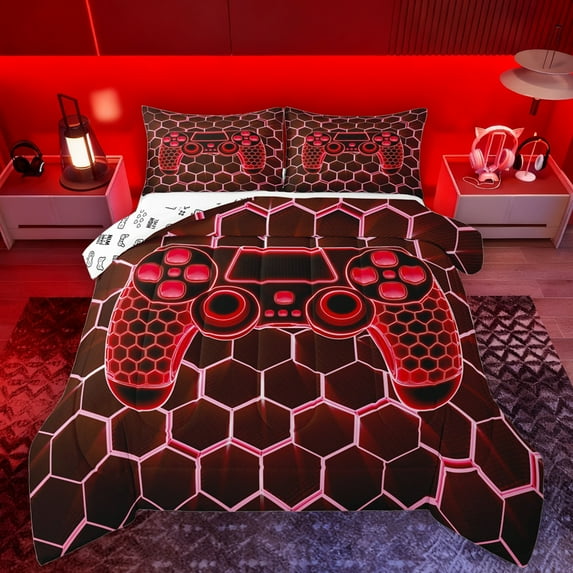 Manfei Modern Gamepad Full Size Comforter Sets,Game Console Bedding Comforter Set,Red Geometric Hexagon Bedding Sets For Men Women,Breathable Home Decor Reversible,3-Piece