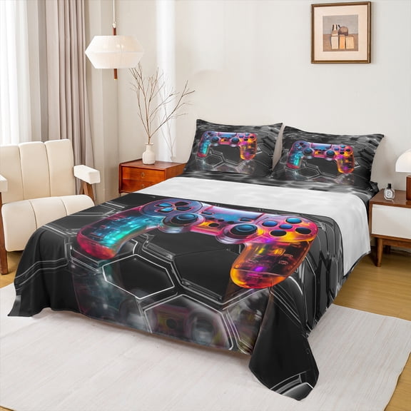 Manfei Modern Gamepad Full Size Sheets,Teens Video Game Bed Sheets,Gray Honeycomb Sheet Sets For Boys Kids,Ultra Soft Home Decor,4-Piece