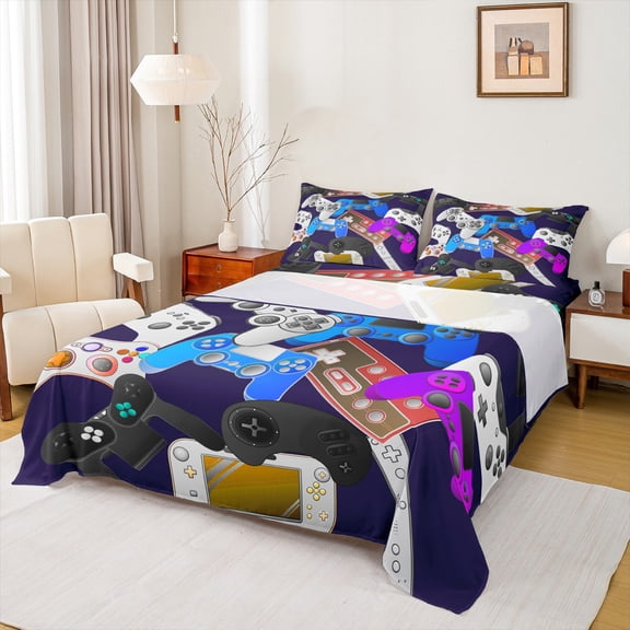 Manfei Modern Gamepad Lovers Twin Sheet Sets,Game Gaming Twin Fitted Sheet,Colorful Console Flat Sheet For Boys Kids,Ultra Soft Home Decor,3pcs