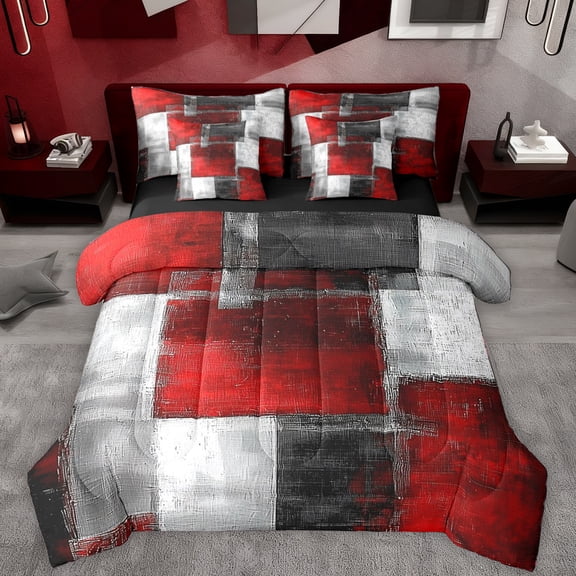Manfei Modern Geometeic Square 7 Pieces Bedding Comforter Set,Abstract Plaid Full Bedding Set,Red Gray White Fitted Sheet Flat Sheet For Teens,Breathable Home Decor Reversible
