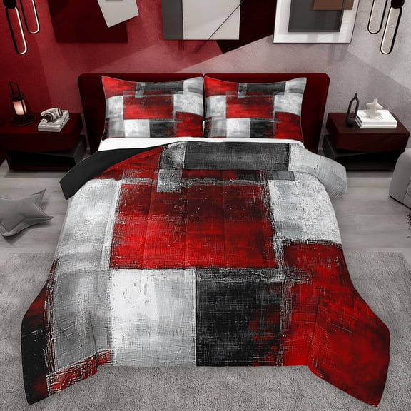 Manfei Modern Geometeic Square Bedding Comforter Set,Abstract Plaid Twin Comforter Sets,Red Gray White Bedding Set For Teens,Breathable Home Decor Reversible,2pcs
