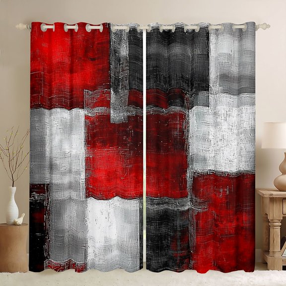 Manfei Modern Geometeic Square Curtains Pack of 2 (42x84 Each),Abstract Plaid Curtains Blackout,Red Gray White Bedroom Curtains For Teens,Breathable Home Decor