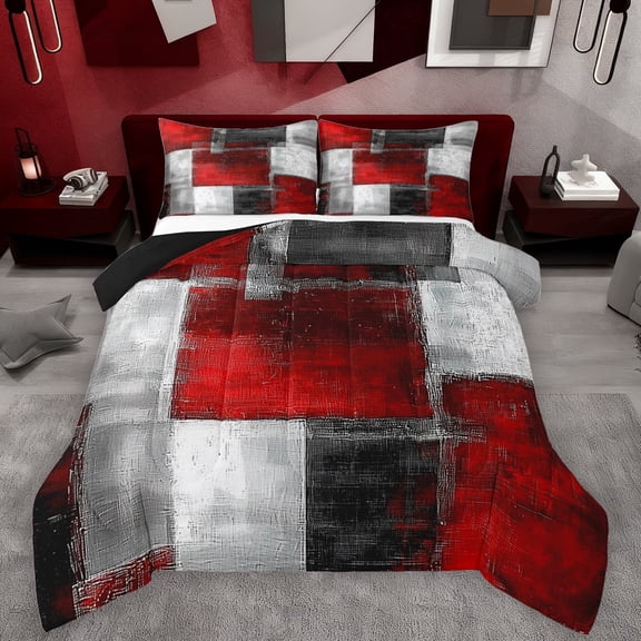 Manfei Modern Geometeic Square Queen Comforter Set,Abstract Plaid Bedding Sets,Red Gray White Bedding Comforter Set For Teens,Breathable Home Decor Reversible,3 Pieces