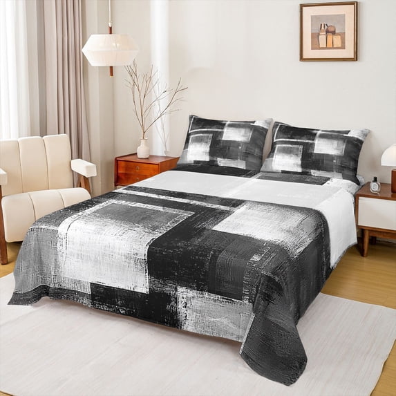 Manfei Modern Geometeic Square Queen Sheet Sets,Abstract Plaid Flat Sheet,White Gray Black Queen Fitted Sheet For Teens,Breathable Home Decor,4-Piece