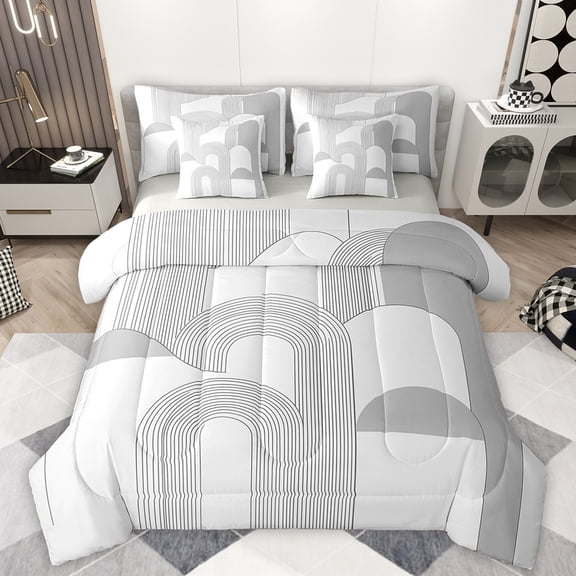 Manfei Modern Geometric 7-Piece Bedding Comforter Set,Stripe Lines Pattern King Bedding Sets,Gray Dot Bed Sheets For Girl Boys,Super Cozy Room Decor Reversible
