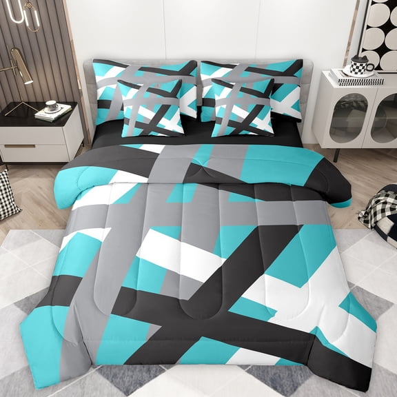 Manfei Modern Geometric 7 Pieces Bedding Comforter Set,Stripe Lines Pattern Full Bedding Set,Gray Black Blue Fitted Sheet Flat Sheet For Girl Boys,Super Cozy Room Decor Reversible