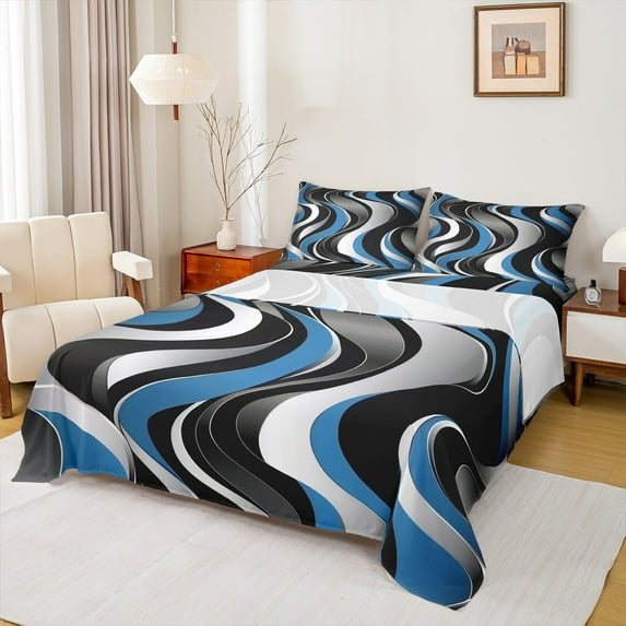 Manfei Modern Geometric Adult Full Size Sheets, Blue Stripes Bed Sheets, Minimalst Minimalism Sheet Sets, Breathable Home Decor, 4pcs