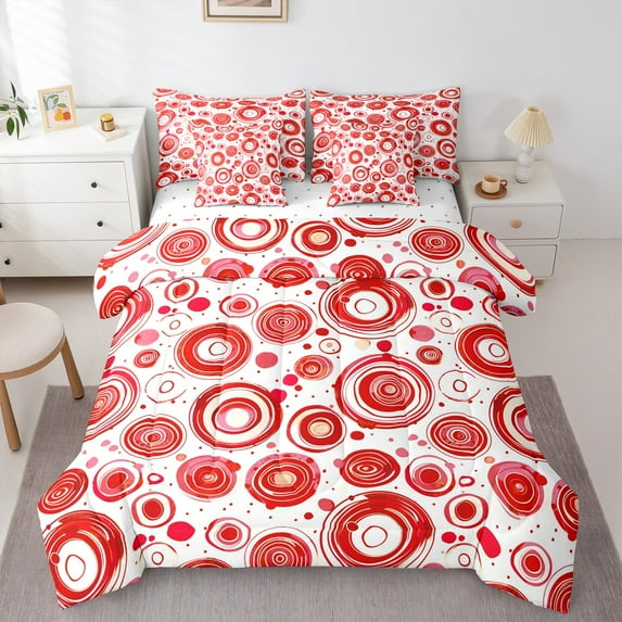 Manfei Modern Geometric Aesthetic 7-Piece Twin Bedding Sets,Graffiti Spiral Circle Bedding Comforter Set,Red White Sheet Sets For Children,Microfiber Bedroom Decor Reversible