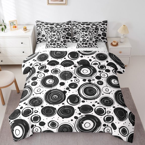 Manfei Modern Geometric Aesthetic 7-Piece Twin Bedding Sets,Graffiti Spiral Circle Bedding Comforter Set,White Black Sheet Sets For Children,Microfiber Bedroom Decor Reversible