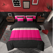 Manfei Modern Geometric Aesthetic 7-Piece Twin Bedding Sets,Stripes Lines Bedding Comforter Set,Pink Black Sheet Sets For Children,Microfiber Bedroom Decor Reversible