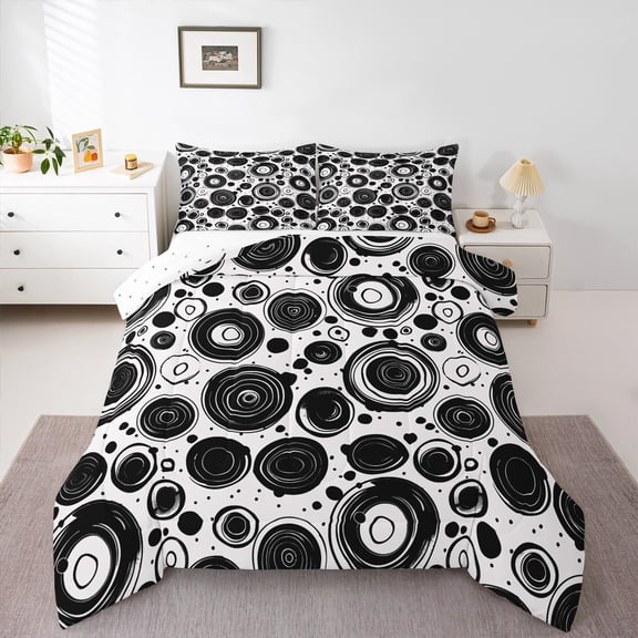 Manfei Modern Geometric Aesthetic Full Size Comforter Sets,Graffiti Spiral Circle Bedding Comforter Set,White Black Bedding Sets For Children,Microfiber Bedroom Decor Reversible,3-Piece