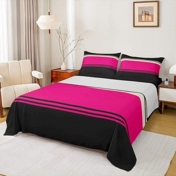 Manfei Modern Geometric Aesthetic Twin Sheet Sets,Stripes Lines Twin Fitted Sheet,Pink Black Flat Sheet For Children,Microfiber Bedroom Decor,3 Pieces