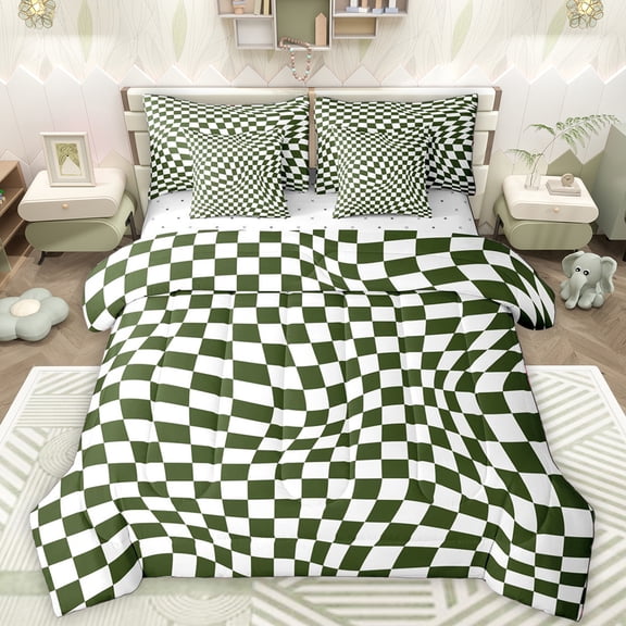 Manfei Modern Geometric Art 7-Piece Twin Bedding Sets,Abstract Buffalo Print Bedding Comforter Set,Beige Green Checkered Sheet Sets For Men Women,Microfiber Bedroom Decor Reversible