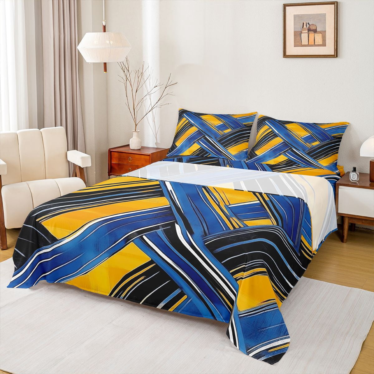 Manfei Modern Geometric Art Bed Sheets,Vintage Stripe Pattern King ...