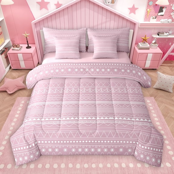 Manfei Modern Geometric Artistic 7-Piece Twin Bedding Sets,Pink White Bedding Comforter Set,Boho Theme Sheet Sets For Girl Teens,Microfiber Bedroom Decor Reversible
