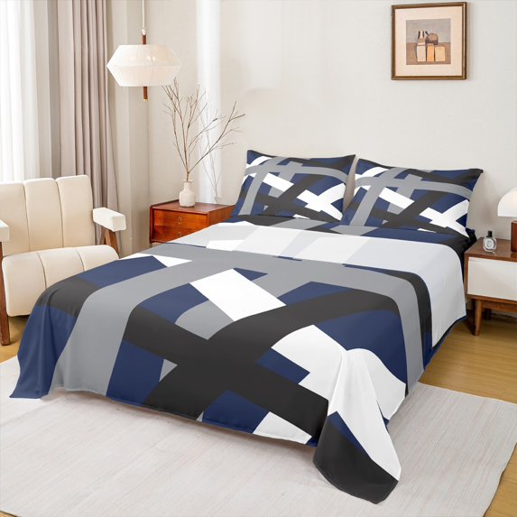 Manfei Modern Geometric Bed Sheets,Stripe Lines Pattern King Sheets,Deepblue Gray Black Sheet Set For Girl Boys,Super Cozy Room Decor,4-Piece