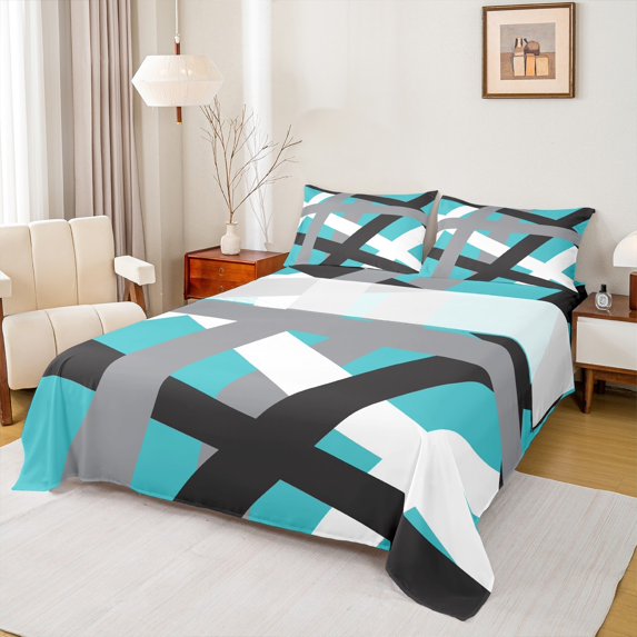 Manfei Modern Geometric Bed Sheets,Stripe Lines Pattern King Sheets,Gray Black Blue Sheet Set For Girl Boys,Super Cozy Room Decor,4 Pieces