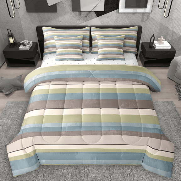 Manfei Modern Geometric Bedding Comforter Set 7-Piece, Minimalist Stripe Full Bedding Set, Green Brown Blue Fitted Sheet Flat Sheet, Breathable Home Decor