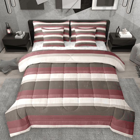 Manfei Modern Geometric Bedding Comforter Set 7 Pieces, Minimalist Stripe Queen Bedding Sets, Red Brown Beige Queen Sheet Sets, Ultra Soft Home Decor
