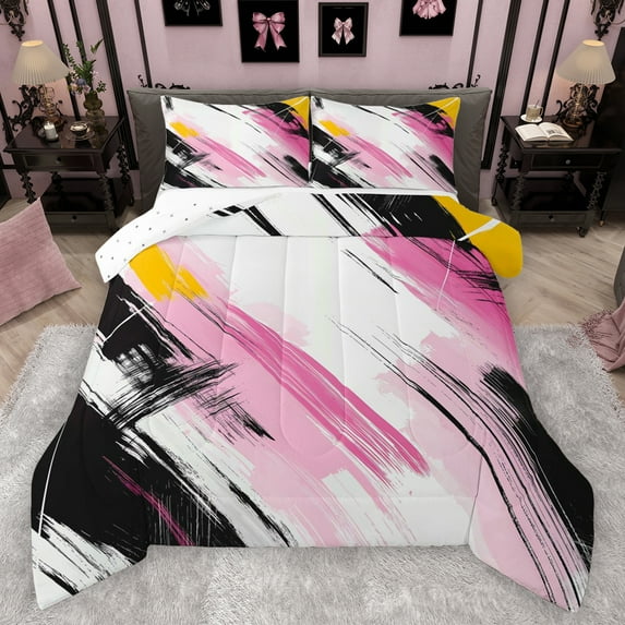 Manfei Modern Geometric Bedding Comforter Set,Abstract Graffiti Striped Twin Comforter Sets,Pink Black White Bedding Set For Girl Kids,Breathable Home Decor Reversible,2pcs