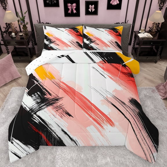 Manfei Modern Geometric Bedding Comforter Set,Abstract Graffiti Striped Twin Comforter Sets,Pink Orange White Bedding Set For Girl Kids,Breathable Home Decor Reversible,2 Pieces