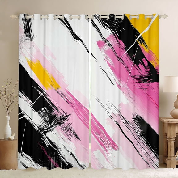 Manfei Modern Geometric Black Out Curtains,Abstract Graffiti Striped Curtains Pack of 2 (42x63 Each),Pink Black White Bedroom Curtains For Girl Kids,Breathable Home Decor