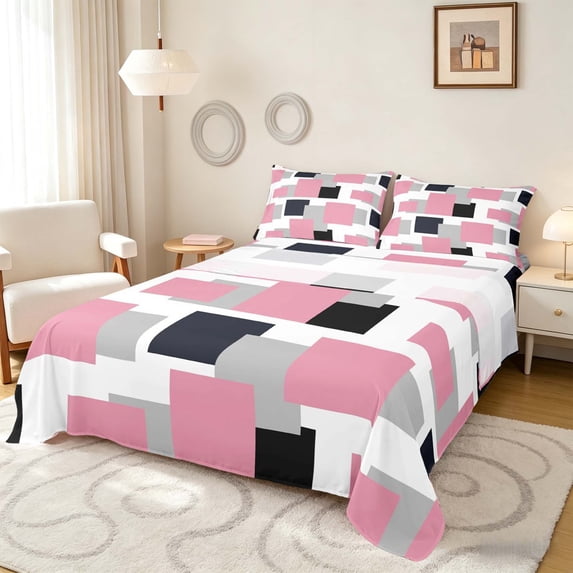 Manfei Modern Geometric Block Bed Sheets, Abstract Square Art Fuul Size Sheets, Pink Black Gray, Black Reversible 4 Pieces1 Flat Sheet + 1 Fitted Sheet + 2 Pillowcases