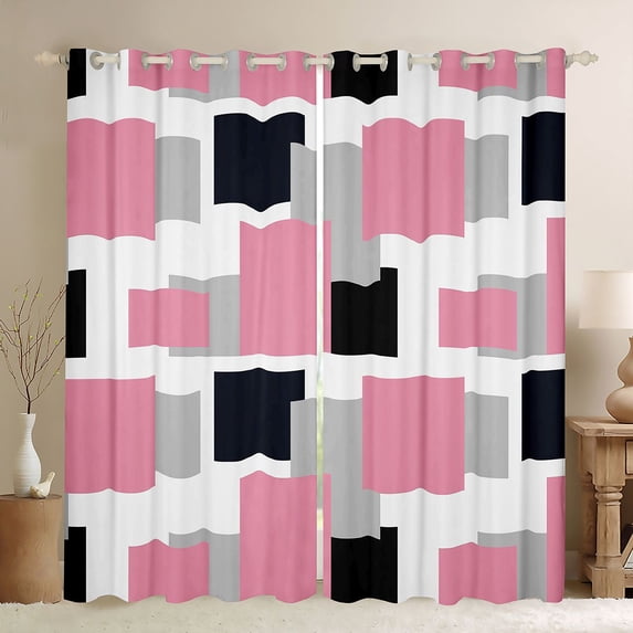 Manfei Modern Geometric Block Kitchen Curtains, Abstract Square Art Black Out Curtains Pack of 2 (42x63 Each), Pink Black Gray
