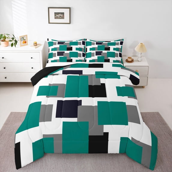 Manfei Modern Geometric Block Queen Comforter Set, Abstract Square Art Comforter Sets Queen, Teal Black Gray, Black Reversible 3pcs, 1 Comforter and 2 Pillowcases