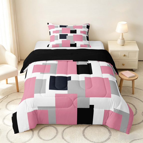 Manfei Modern Geometric Block Twin Comforter Sets, Abstract Square Art Bedding Set, Pink Black Gray, Black Reversible 2 Pieces, 1 Comforter and 1 Pillowcase