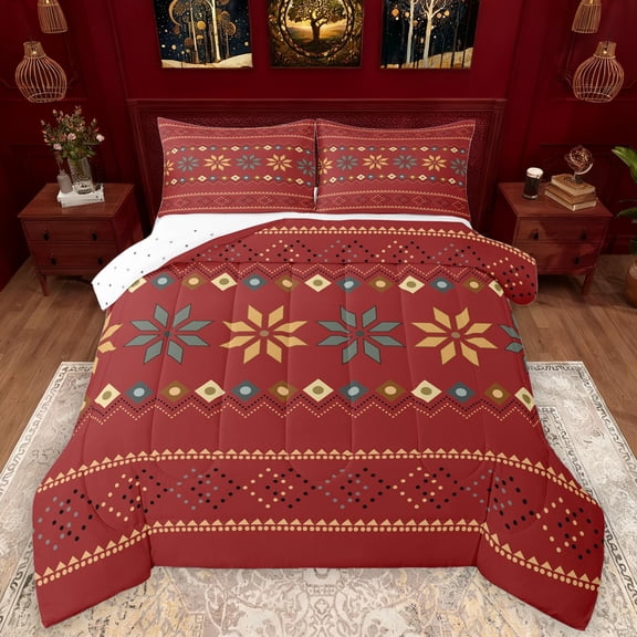 Manfei Modern Geometric Flower Queen Comforter Set,Rhombus Triangle Pattern Bedding Sets,Red Blue Bedding Comforter Set For Men Women,Super Cozy Room Decor Reversible,3 Pieces