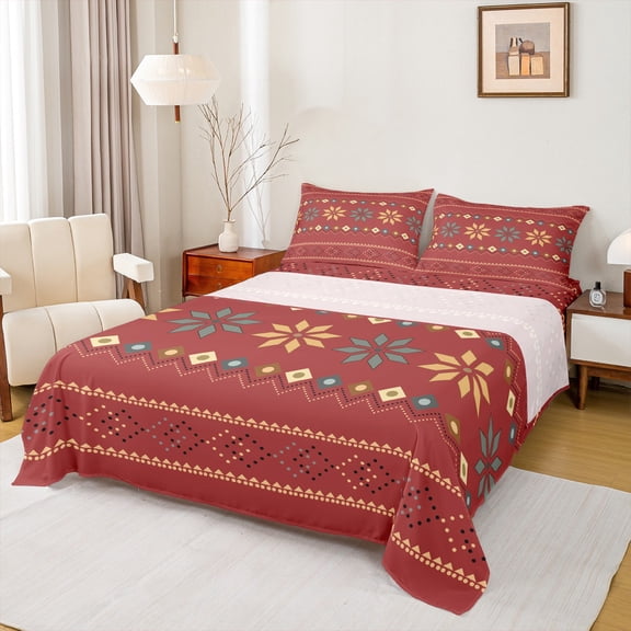 Manfei Modern Geometric Flower Twin Sheet Sets,Rhombus Triangle Pattern Twin Fitted Sheet,Red Blue Flat Sheet For Men Women,Super Cozy Room Decor,3pcs