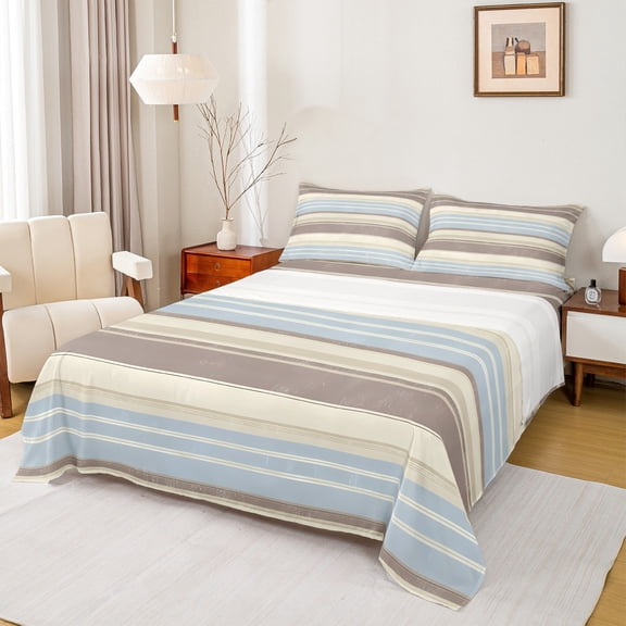 Manfei Modern Geometric Full Size Sheets 4-Piece, Minimalist Stripe Bed Sheets, Brown Blue Sheet Sets, Microfiber Bedroom Decor