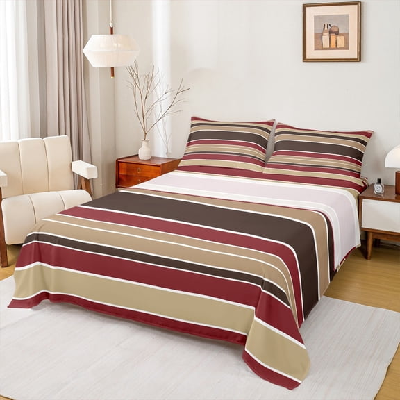 Manfei Modern Geometric Full Size Sheets 4-Piece, Minimalist Stripe Bed Sheets, Red Brown Sheet Sets, Super Cozy Room Decor