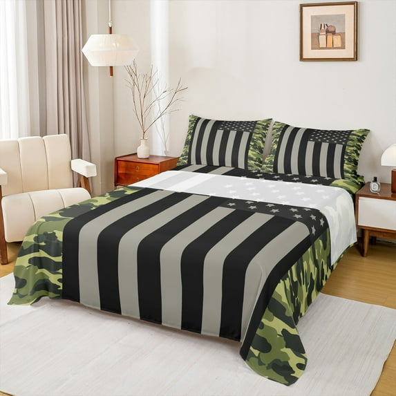 Manfei Modern Geometric Geometric Bed Sheets,Minimalist Stripes Lines King Sheets,Green Camouflage Sheet Set For Teens,Luxury Bedroom Decor,4 Pieces