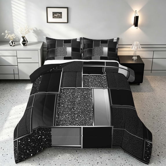 Manfei Modern Geometric Glitter Queen Comforter Set, Mosaic Plaid Comforter Sets Queen, Black Silver, Black Reversible 3pcs, 1 Comforter and 2 Pillowcases