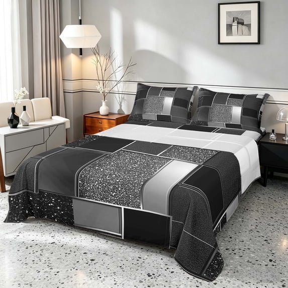 Manfei Modern Geometric Glitter Queen Sheets, Mosaic Plaid Queen Sheet Sets, Black Silver, Black Reversible 4pcs1 Flat Sheet + 1 Fitted Sheet + 2 Pillowcases